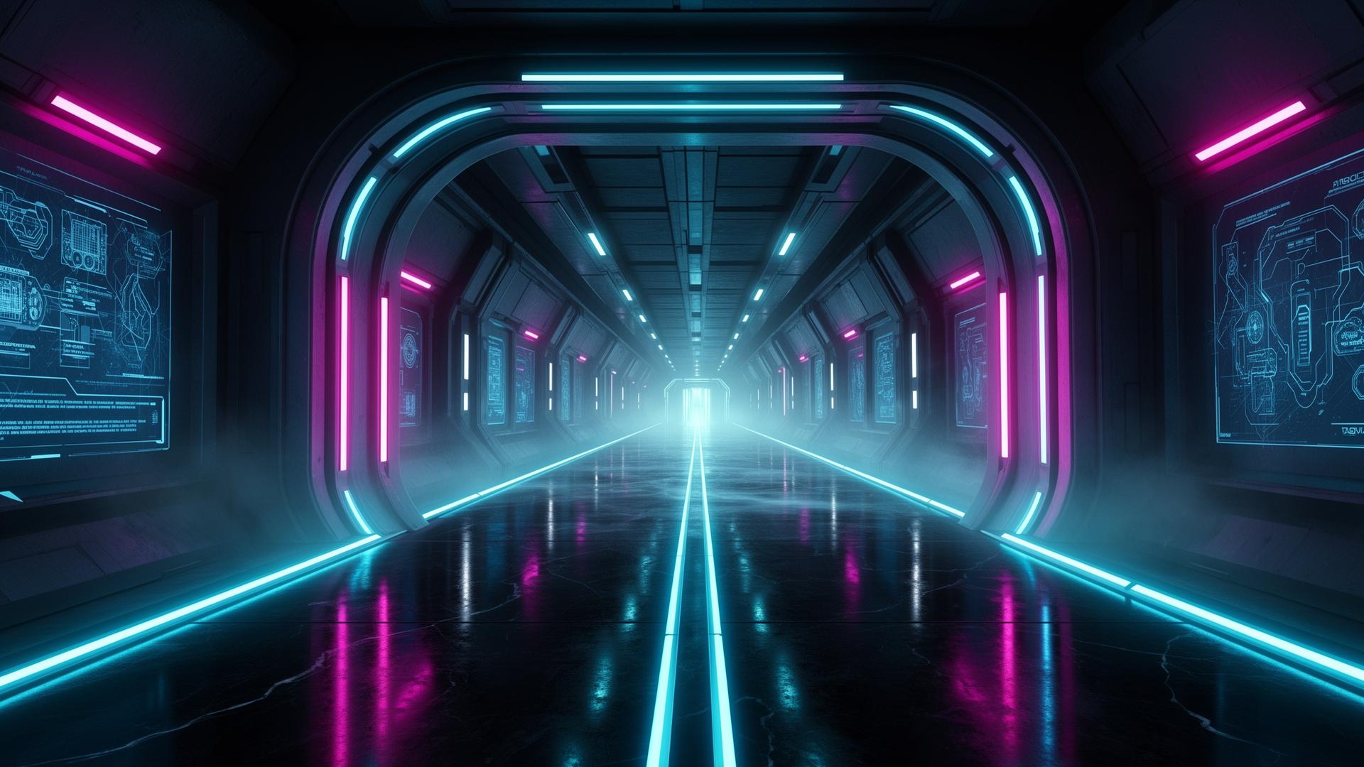 A deep cyan and electric blue corridor lit by neon strips