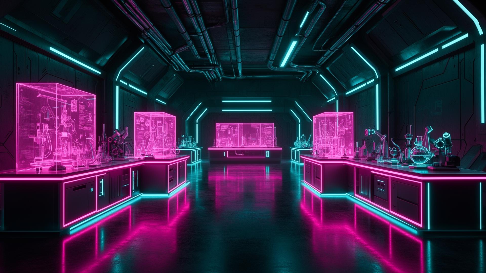 A neon magenta and cyan lit room