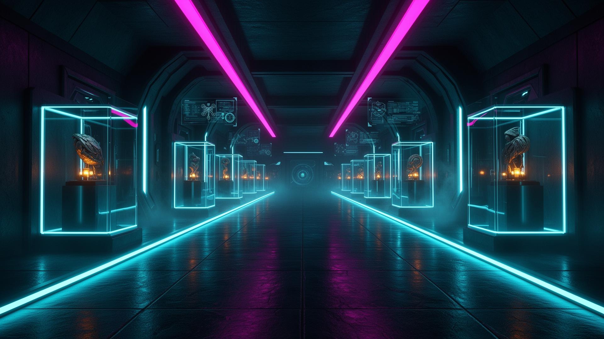 A room with cyan and magenta neon strips and glass display plinths