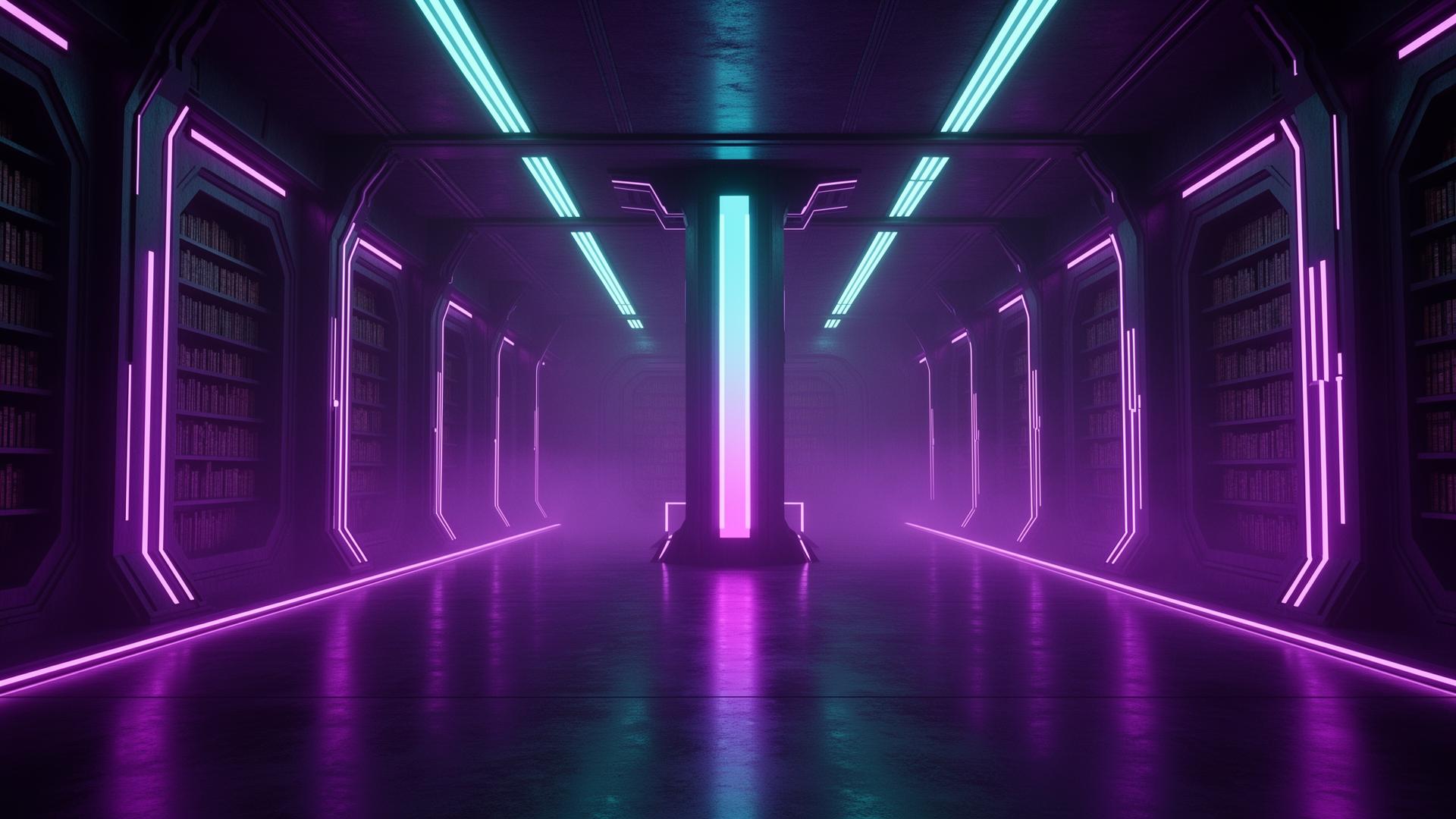 A violet-lit room with neon conduits
